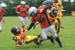 Orangeville Outlaws Bantam tackle, Joey Santarossa, flattens a Guelph Gryphons player during the second half of Sunday’s (July 16) game at Westside Secondary School in Orangeville. The Outlaws stepped it up in the second half to close the score gap but had to settle for a 47-36 loss.